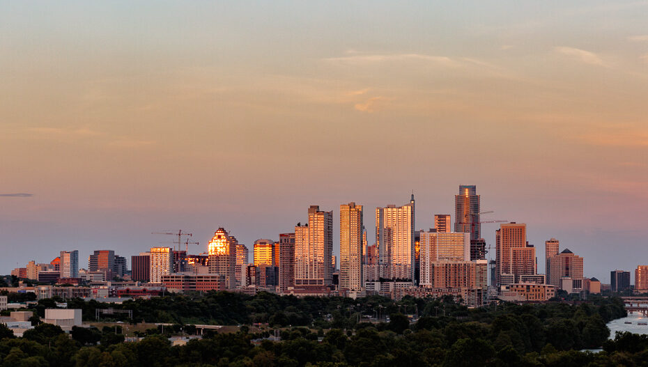 Austin Skyline, Moonrise, Summer Solstice, Sunset