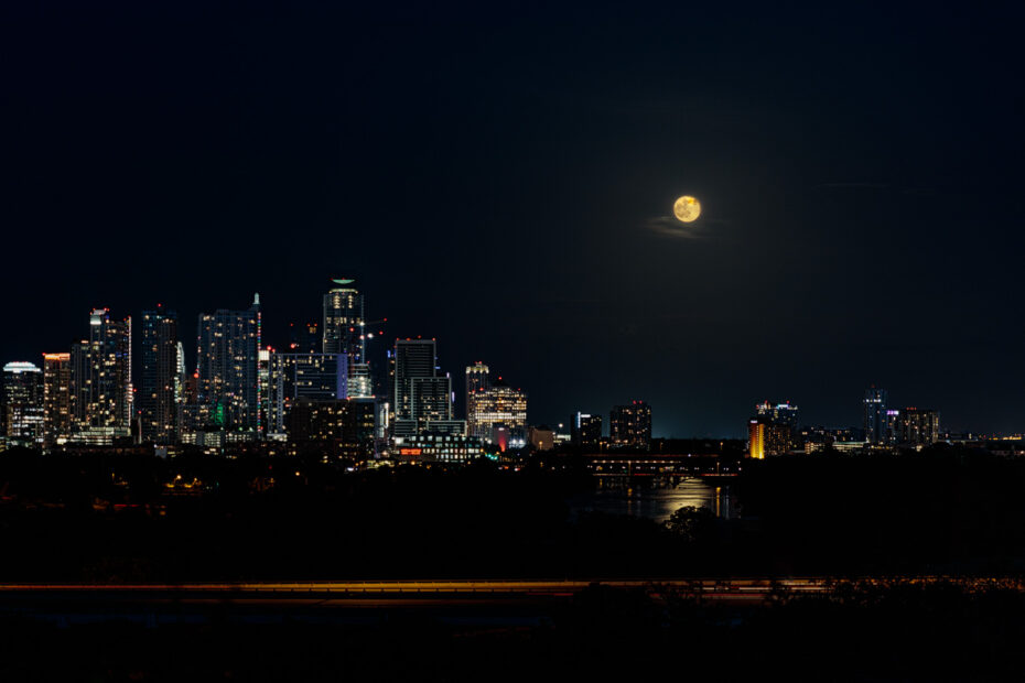 Austin Skyline, Moonrise, Summer Solstice, Sunset